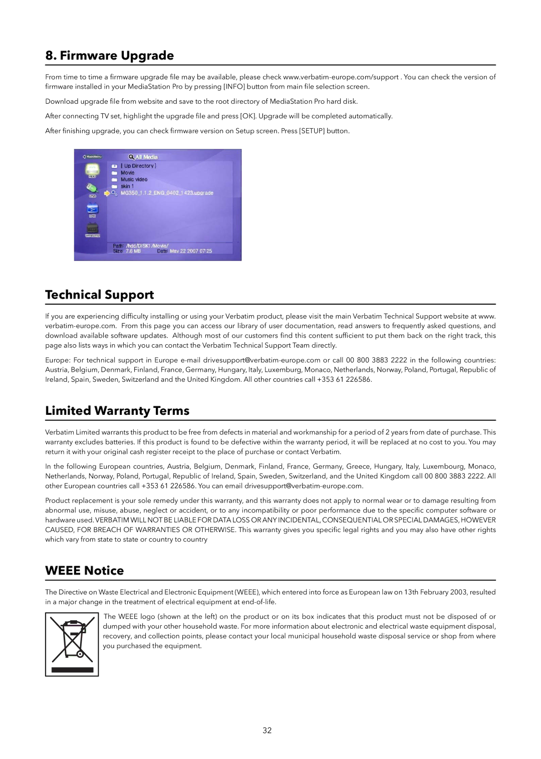 Verbatim Wireless Network Multimedia Hard Drive Firmware Upgrade, Technical Support Limited Warranty Terms, Weee Notice 