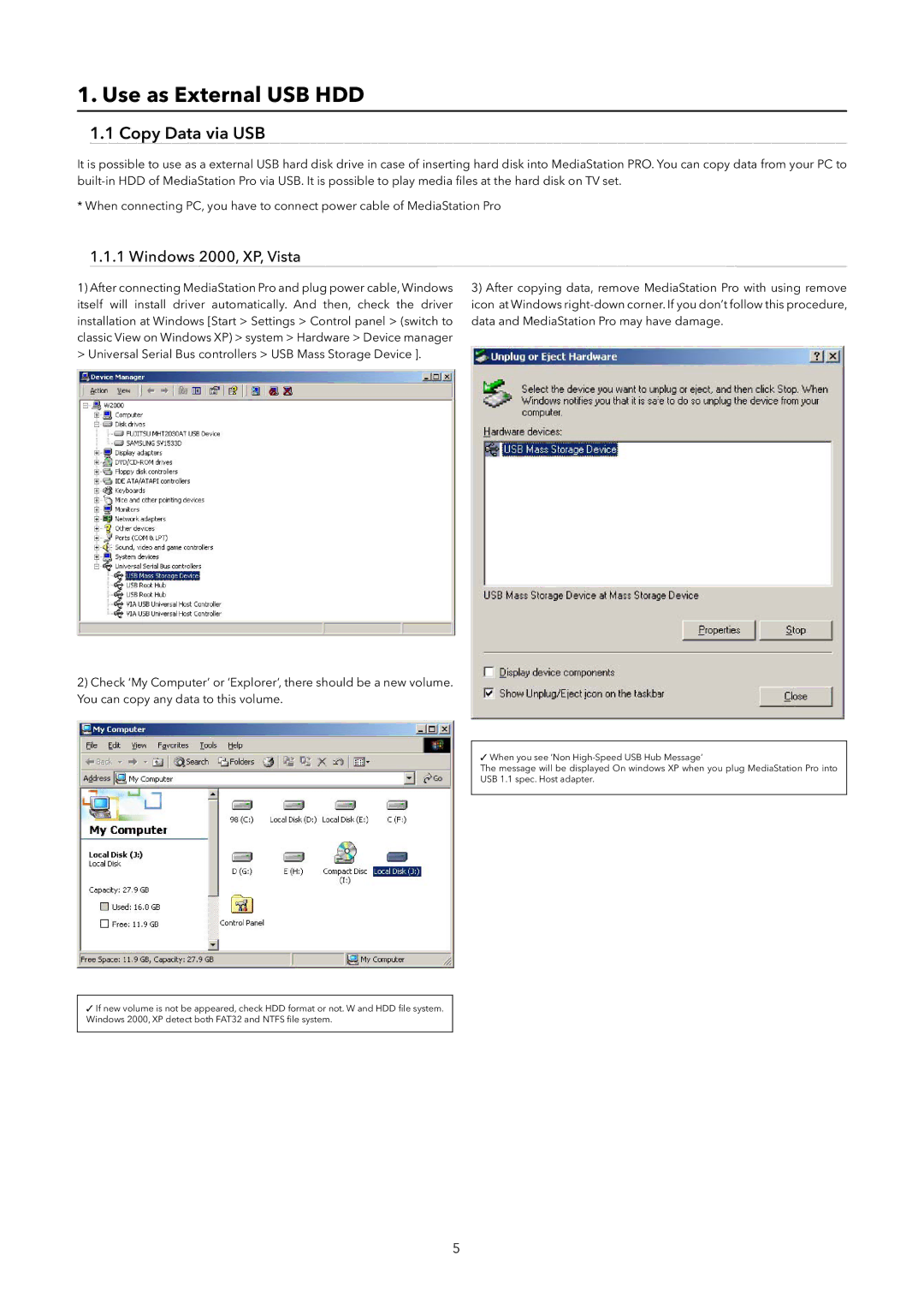 Verbatim Wireless Network Multimedia Hard Drive manual Use as External USB HDD, Copy Data via USB, Windows 2000, XP, Vista 