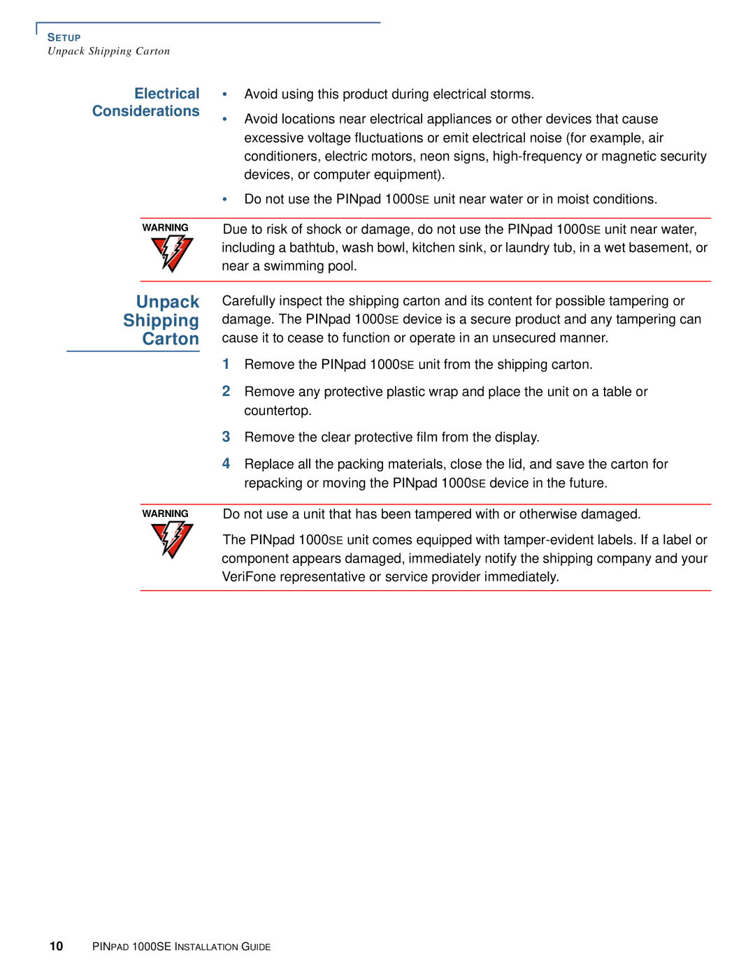 VeriFone 1000SE manual Unpack, Shipping, Carton, Electrical, Considerations 