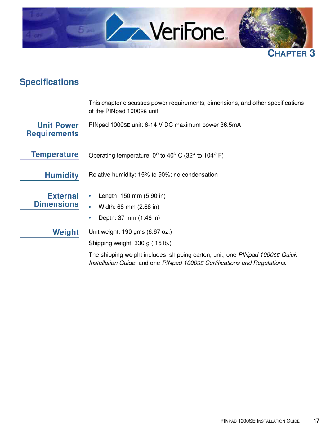 VeriFone 1000SE manual Specifications 