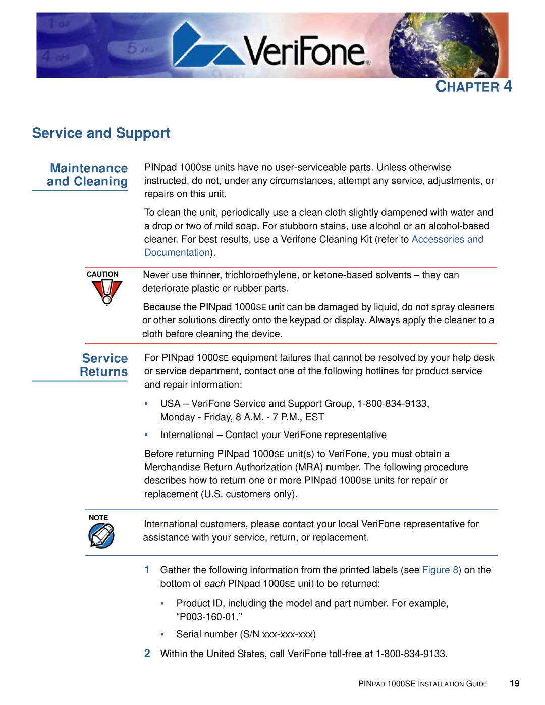 VeriFone 1000SE manual Service and Support, Maintenance, Cleaning, Returns 