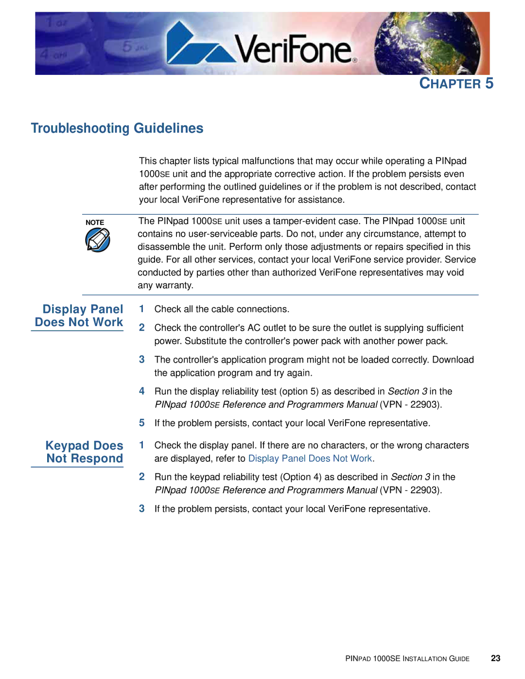 VeriFone 1000SE manual Troubleshooting Guidelines, Display Panel Does Not Work 