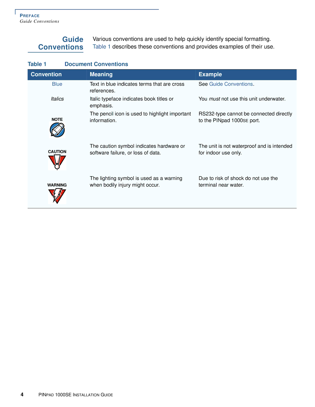 VeriFone 1000SE manual Guide Conventions, Convention Meaning Example 