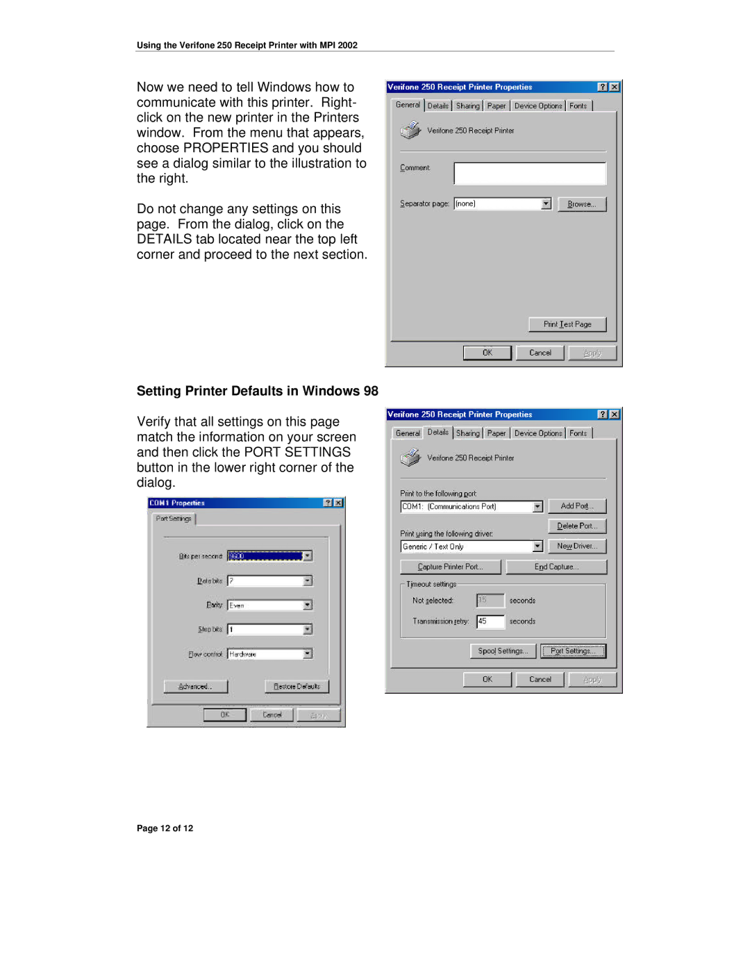 VeriFone 250 manual Setting Printer Defaults in Windows 