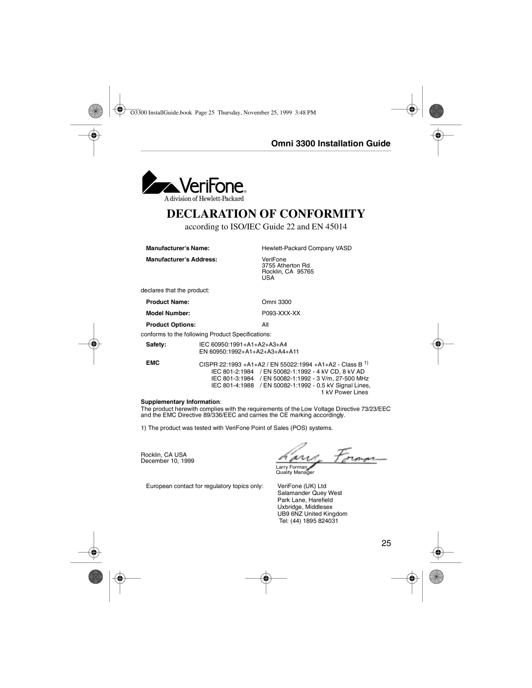 VeriFone 3300 manual Declaration of Conformity 