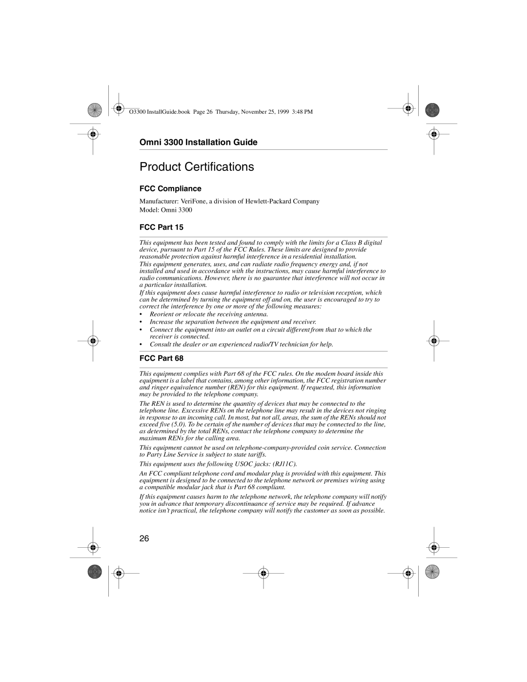 VeriFone 3300 manual Product Certifications, FCC Part 