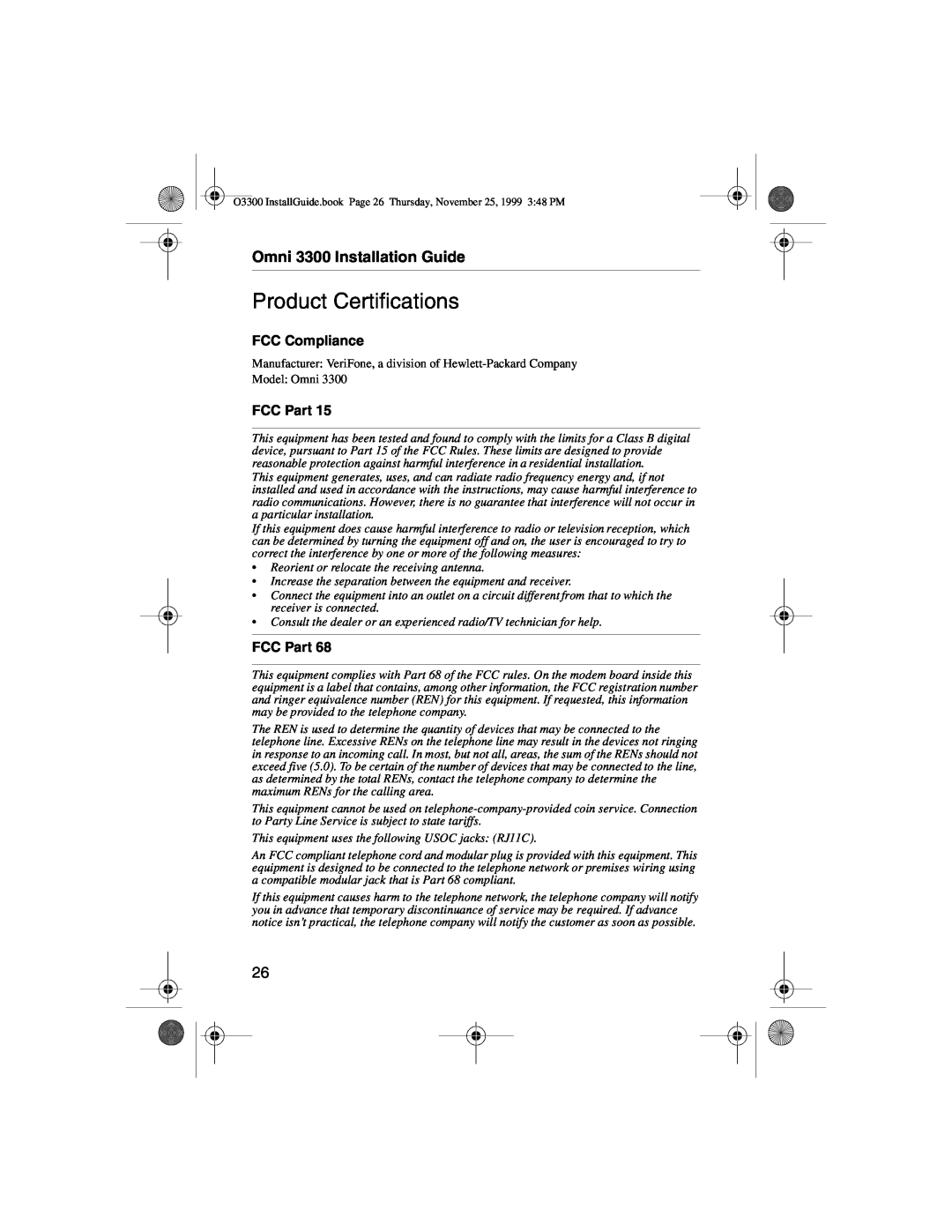 VeriFone manual Product Certifications, Omni 3300 Installation Guide, FCC Compliance, FCC Part 