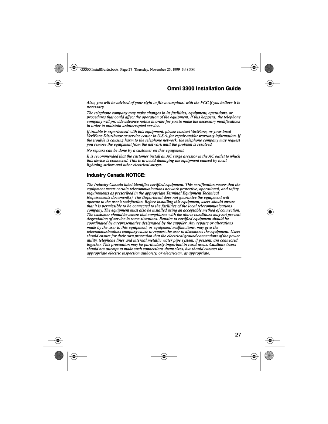 VeriFone manual Omni 3300 Installation Guide, Industry Canada NOTICE 