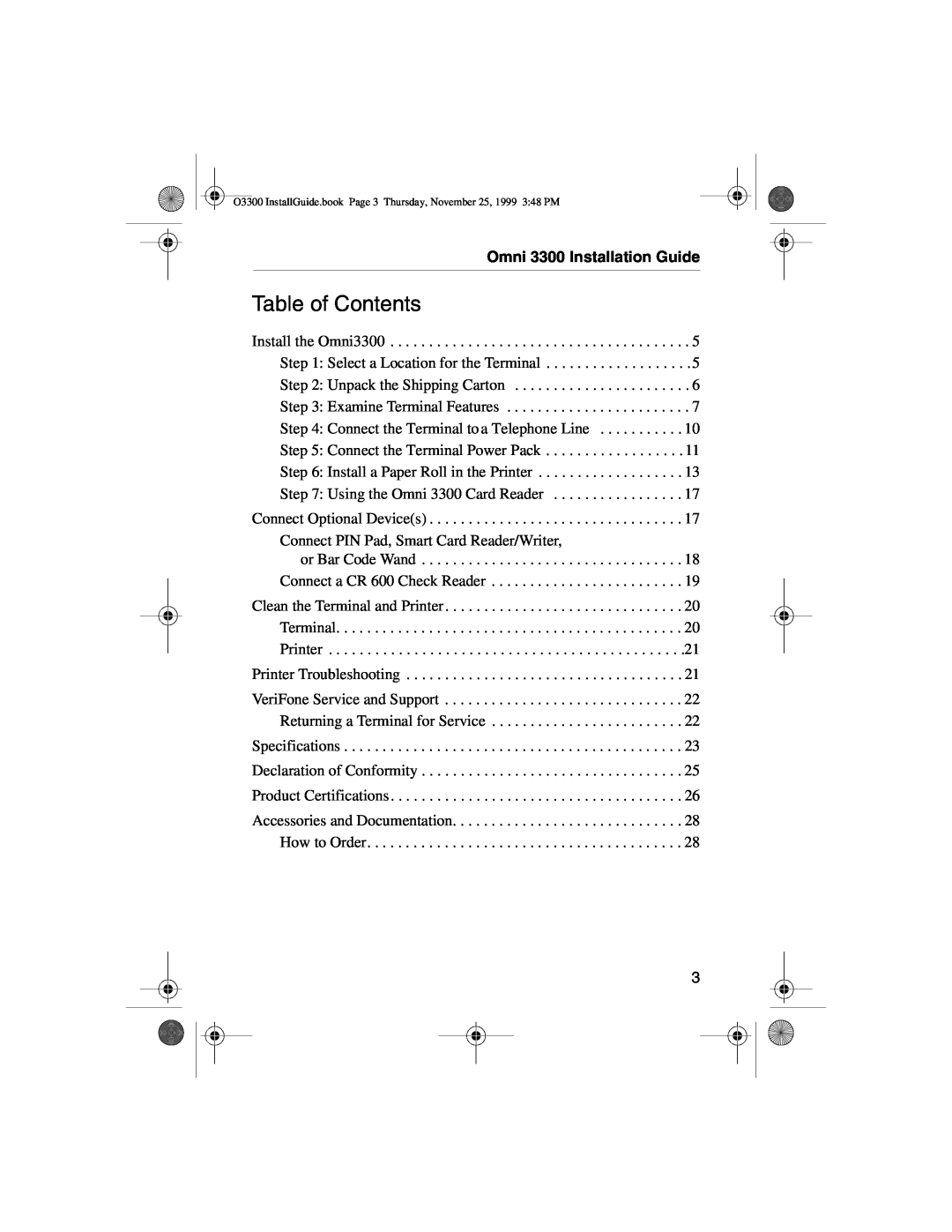VeriFone manual Table of Contents, Omni 3300 Installation Guide 