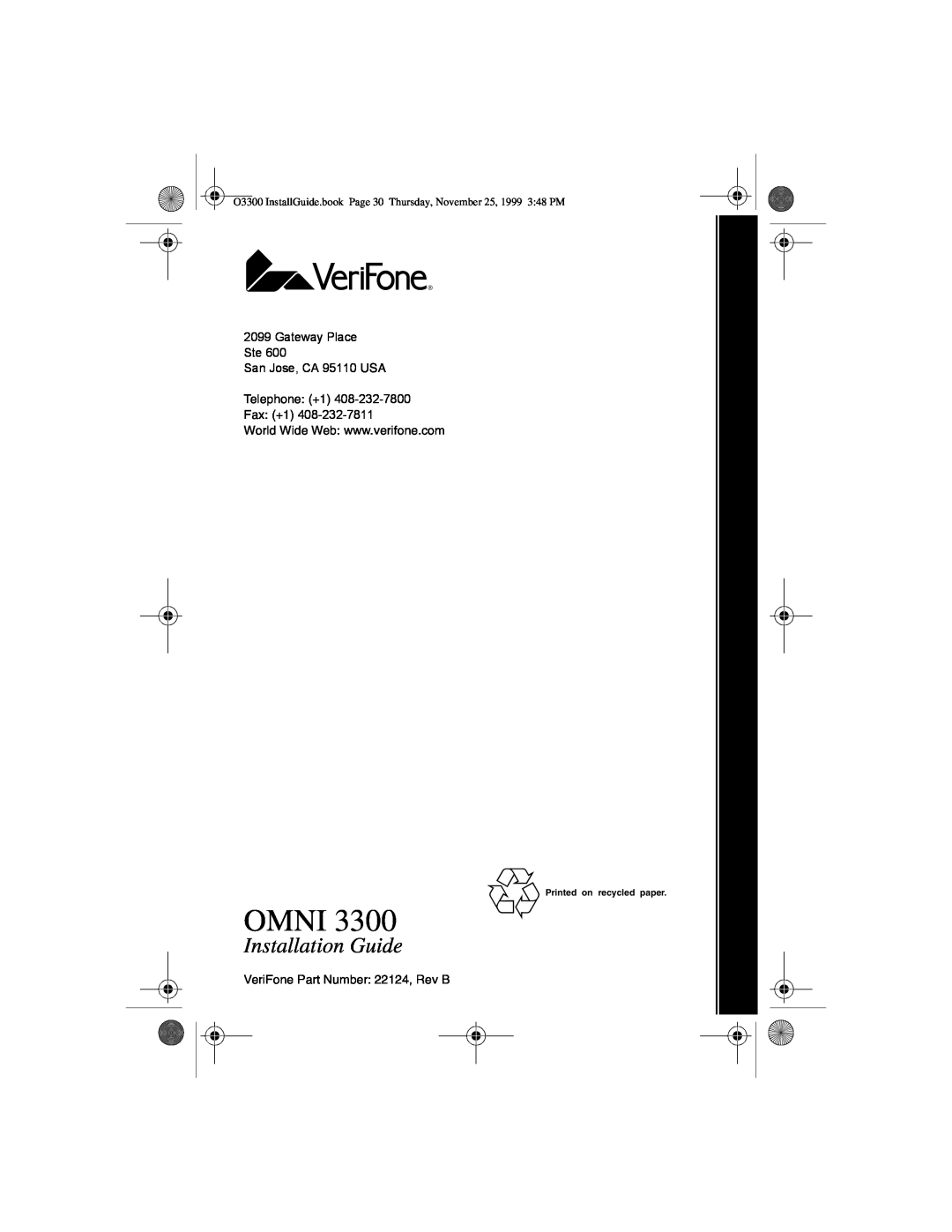 VeriFone 3300 manual Omni, Installation Guide, Gateway Place Ste San Jose, CA 95110 USA Telephone +1 Fax +1 