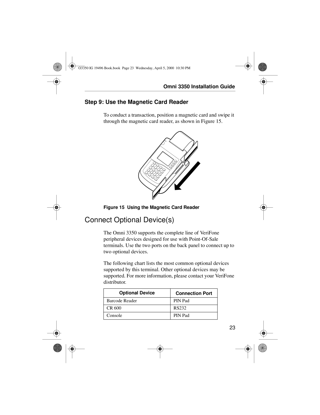 VeriFone 3350 manual Connect Optional Devices, Use the Magnetic Card Reader 