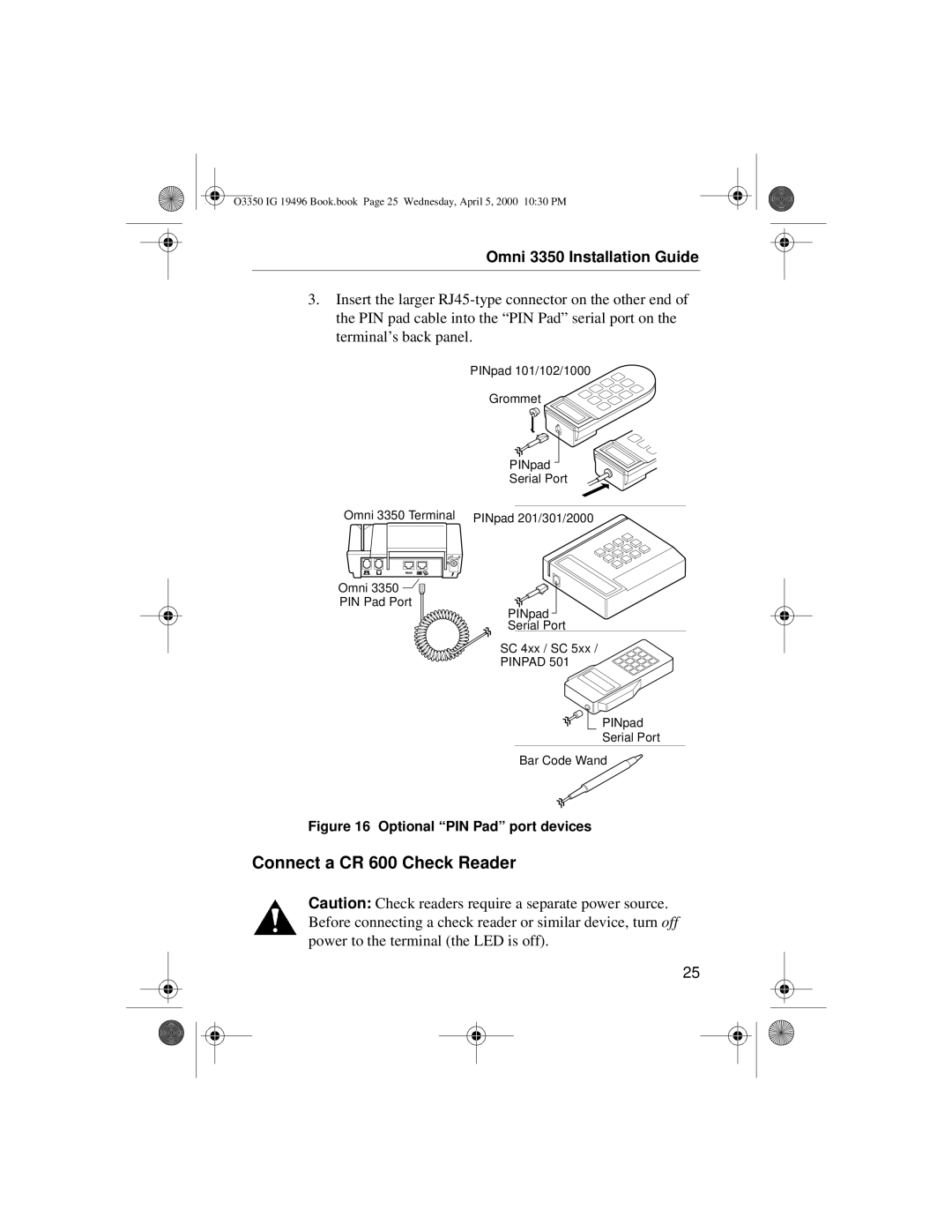 VeriFone 3350 manual Connect a CR 600 Check Reader, Optional PIN Pad port devices 