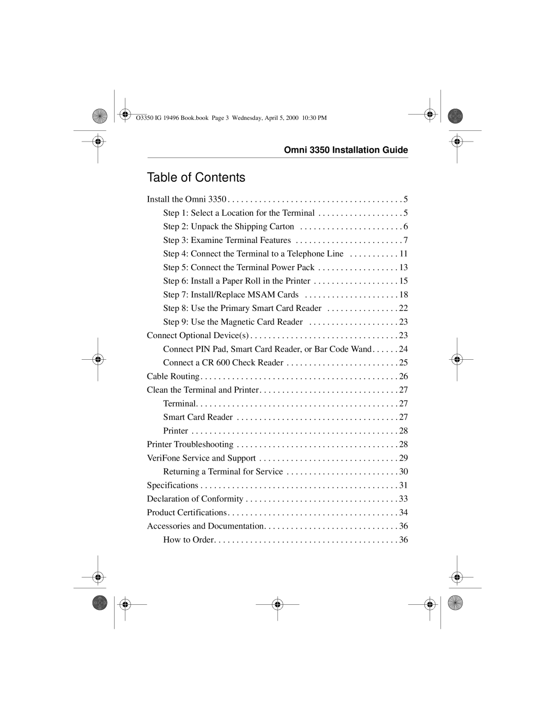 VeriFone 3350 manual Table of Contents 