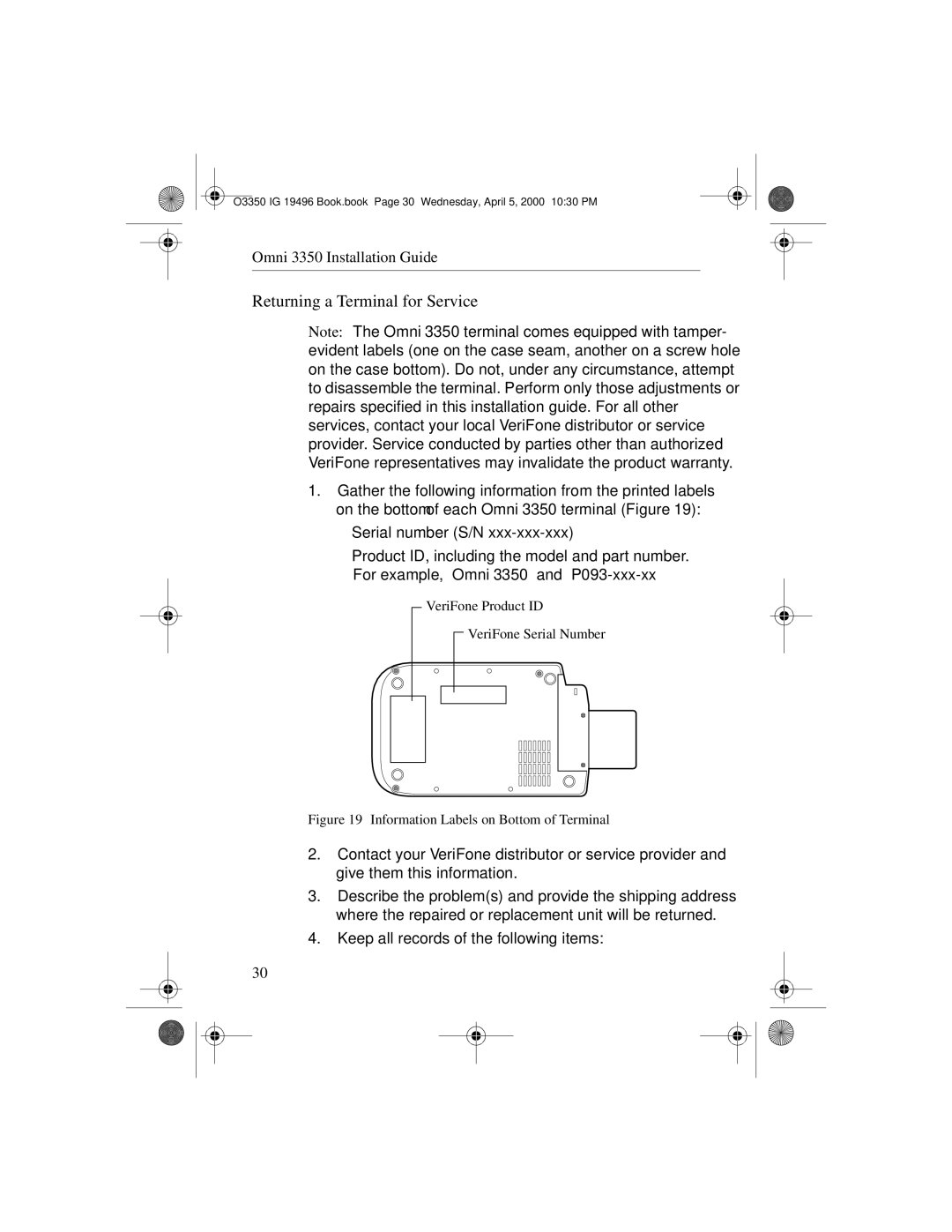 VeriFone 3350 manual Returning a Terminal for Service, Information Labels on Bottom of Terminal 