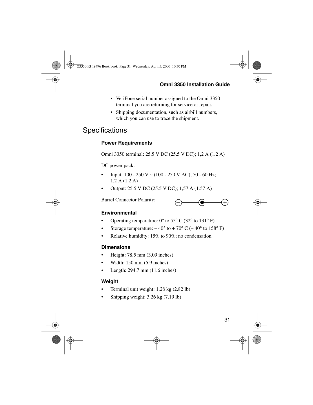 VeriFone 3350 manual Specifications, Power Requirements, Environmental, Dimensions, Weight 