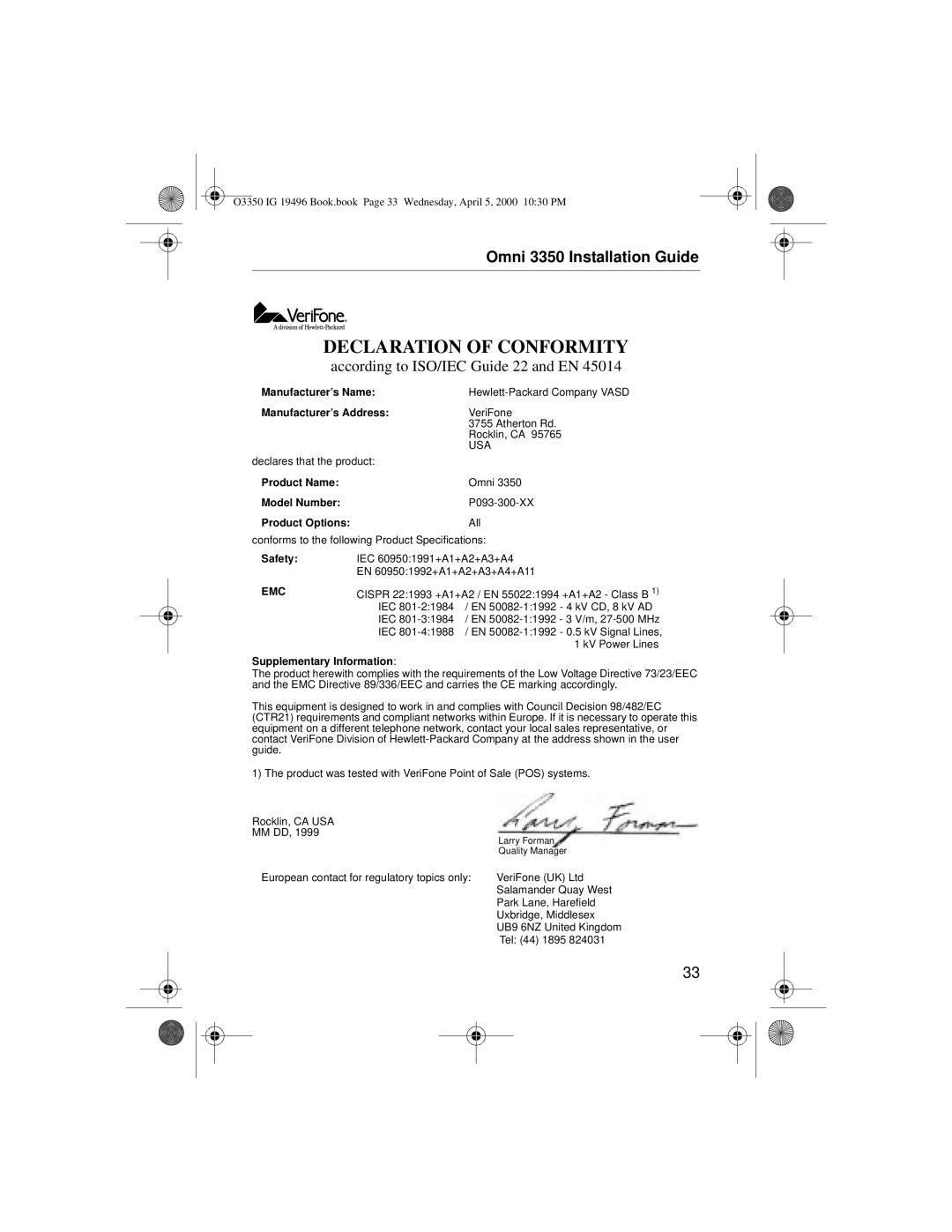 VeriFone 3350 manual Declaration of Conformity 