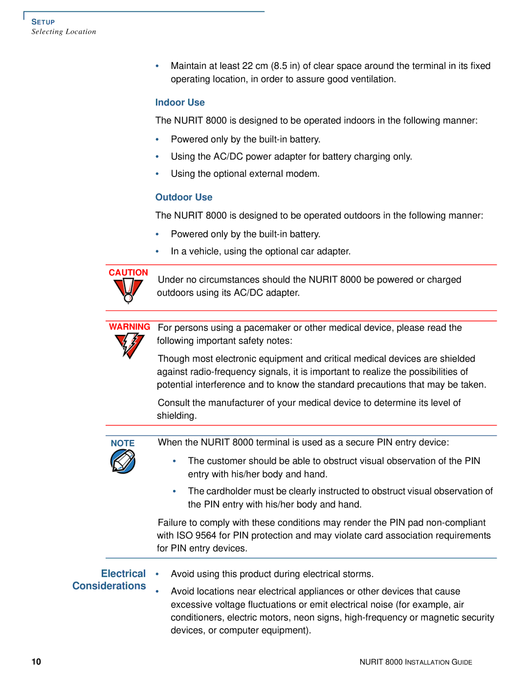 VeriFone 8000 manual Electrical Considerations, Indoor Use, Outdoor Use 