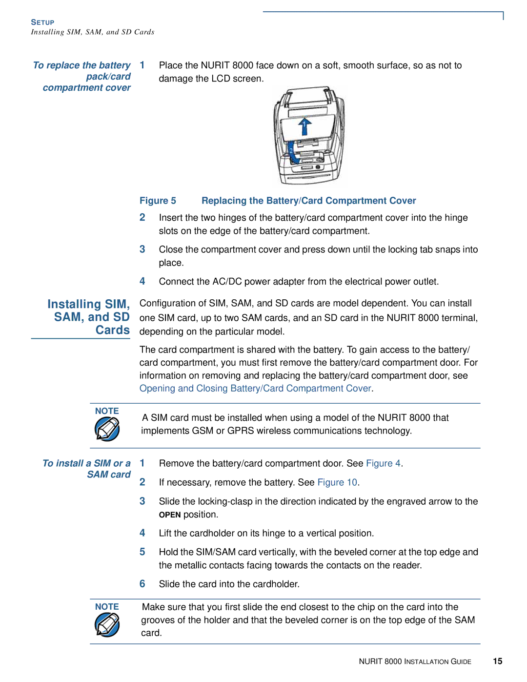 VeriFone 8000 manual Installing SIM, SAM, and SD, Cards, To install a SIM or a SAM card 