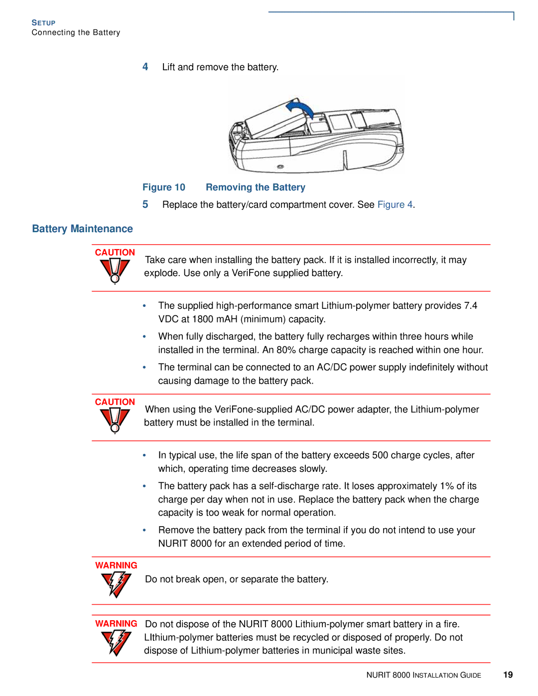 VeriFone 8000 manual Battery Maintenance, Removing the Battery 