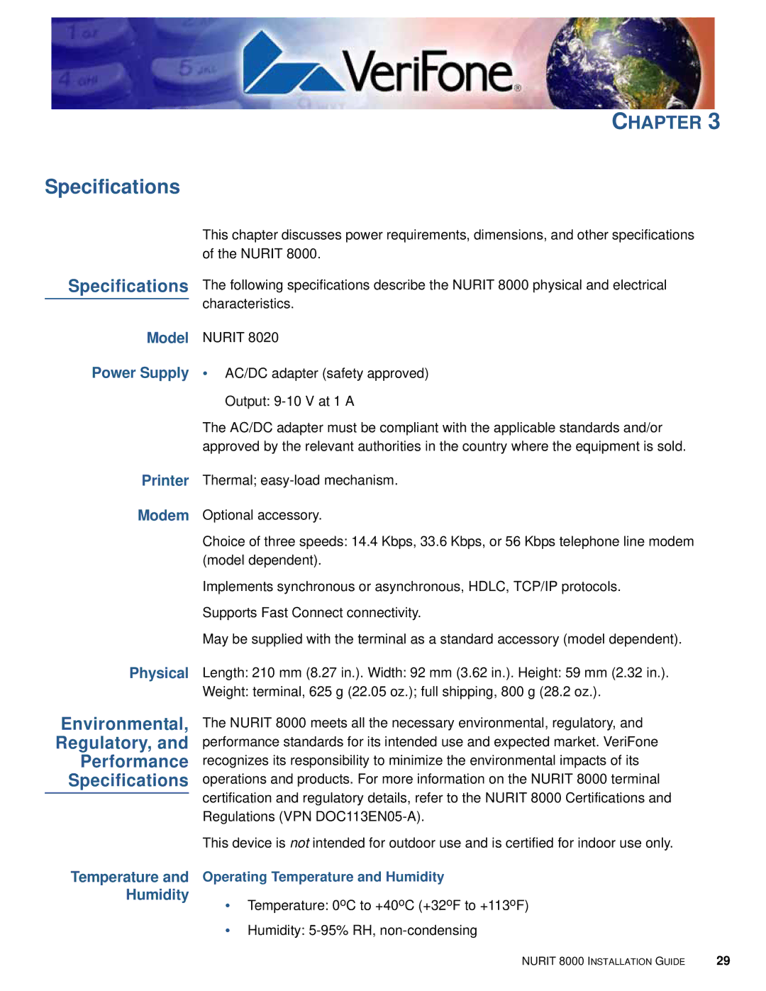 VeriFone 8000 manual Specifications, Environmental, Regulatory, Performance 