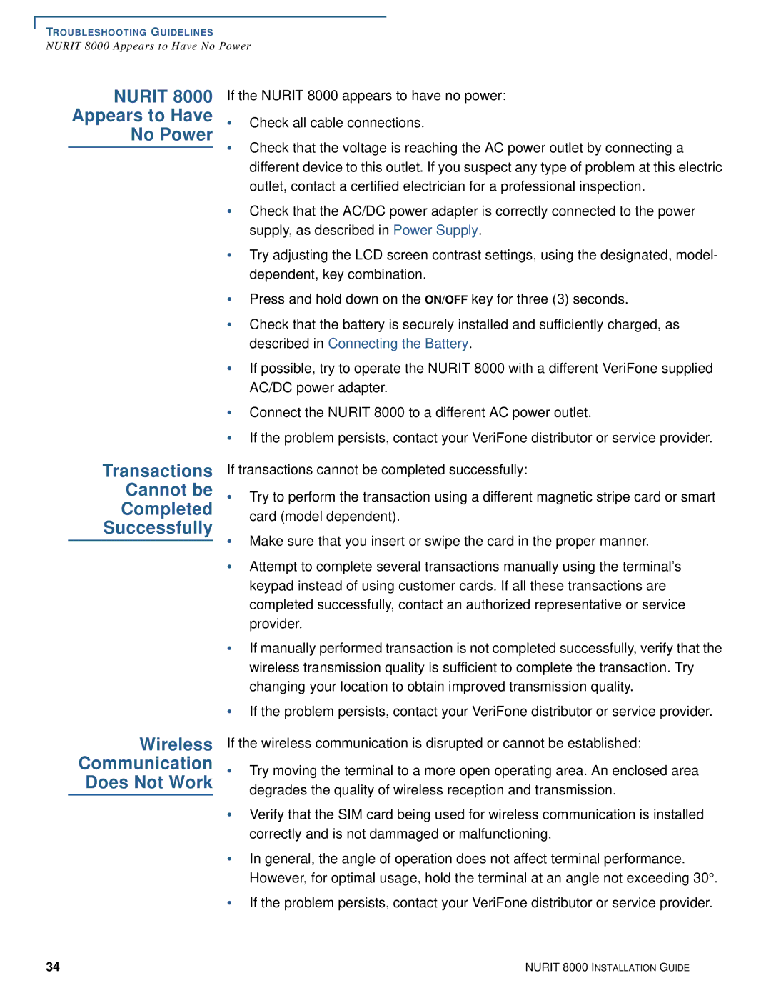 VeriFone manual Nurit 8000 Appears to Have No Power, Transactions Cannot be Completed Successfully 