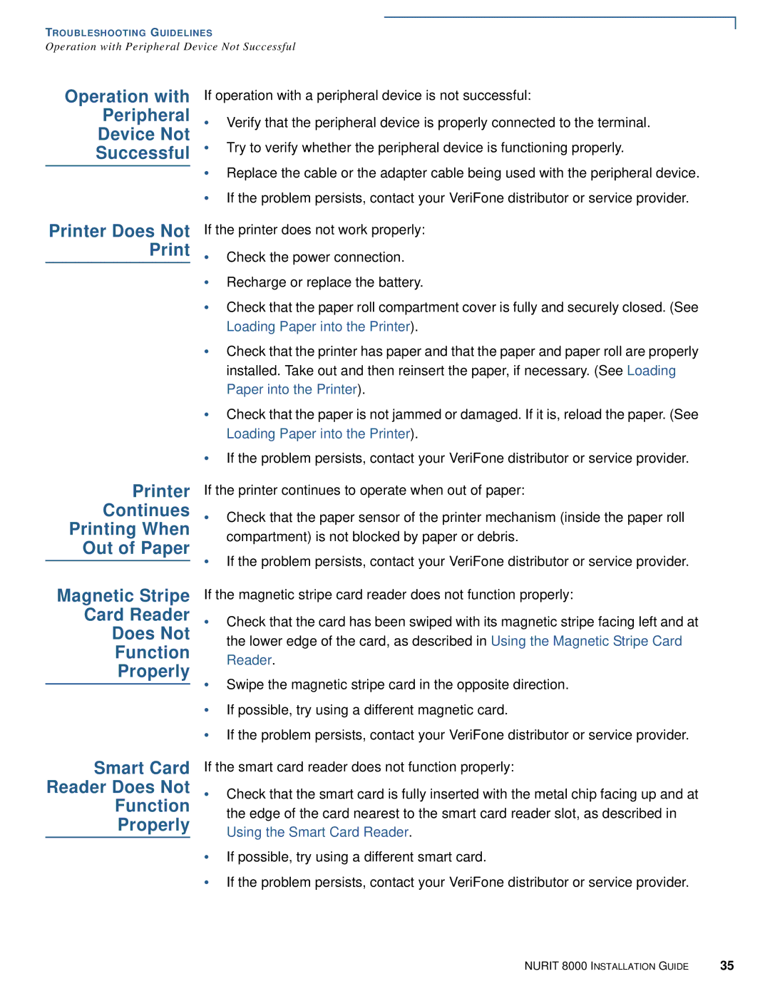 VeriFone 8000 manual Operation with, Peripheral, Device Not, Successful, Smart Card Reader Does Not Function Properly 