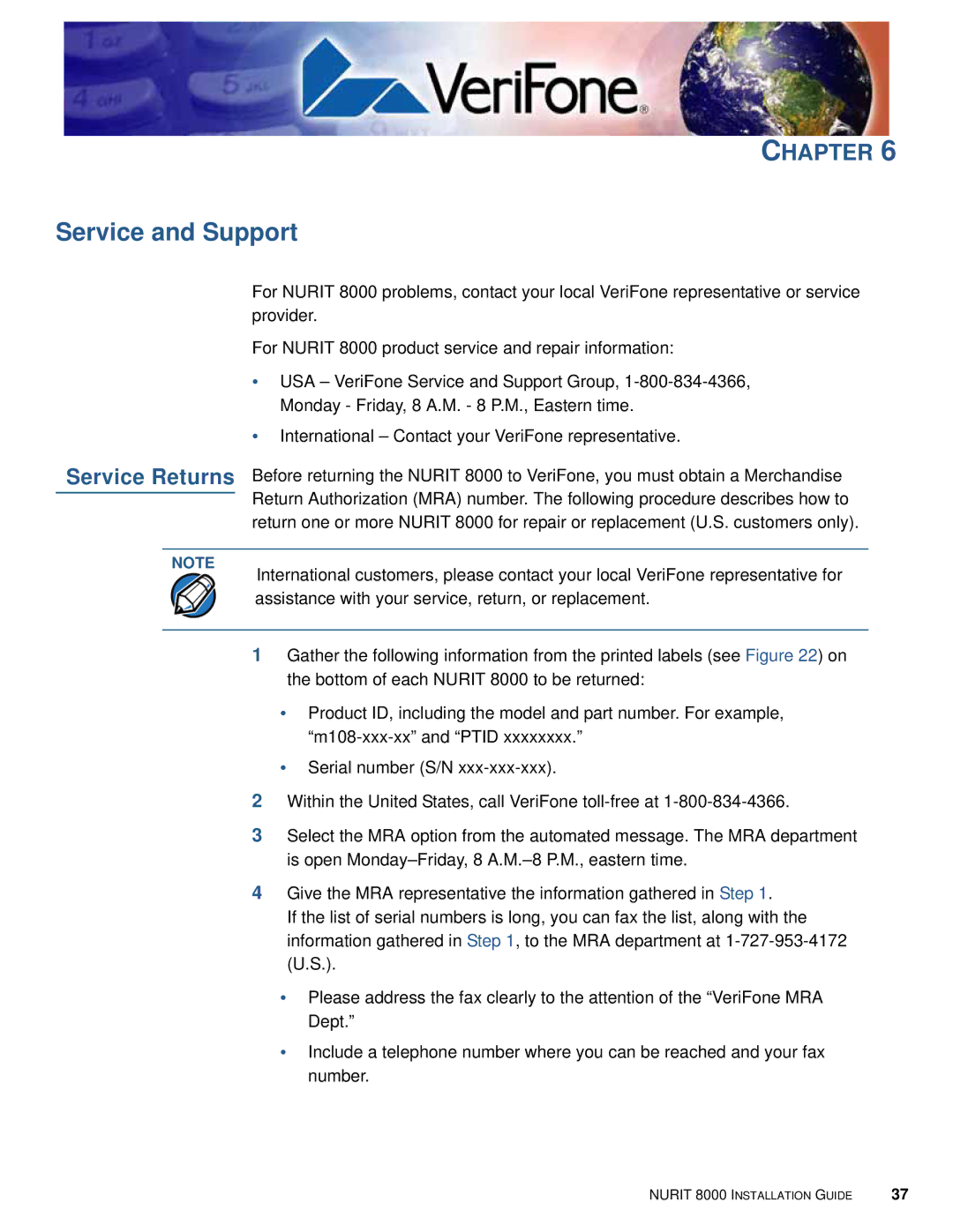 VeriFone 8000 manual Service and Support 