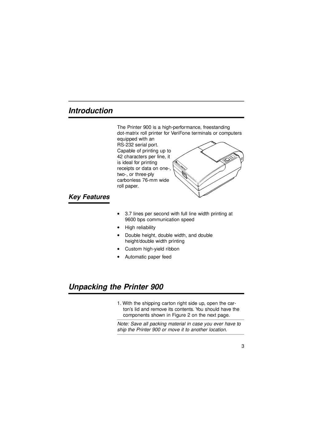 VeriFone 900 manual Introduction, Unpacking the Printer 