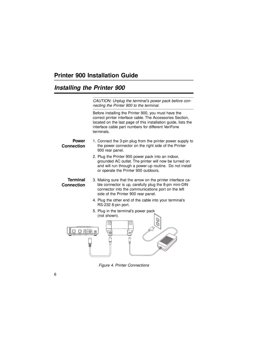 VeriFone 900 manual Installing the Printer, Printer Connections 