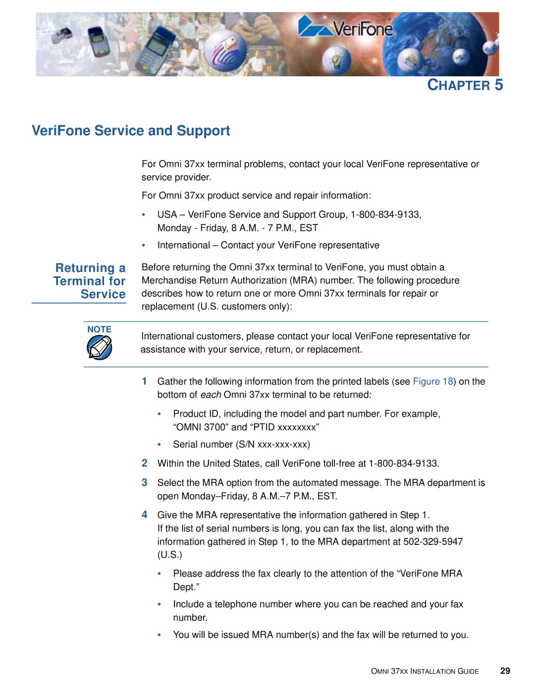 VeriFone Omni 37xx manual VeriFone Service and Support, Returning a Terminal for Service 