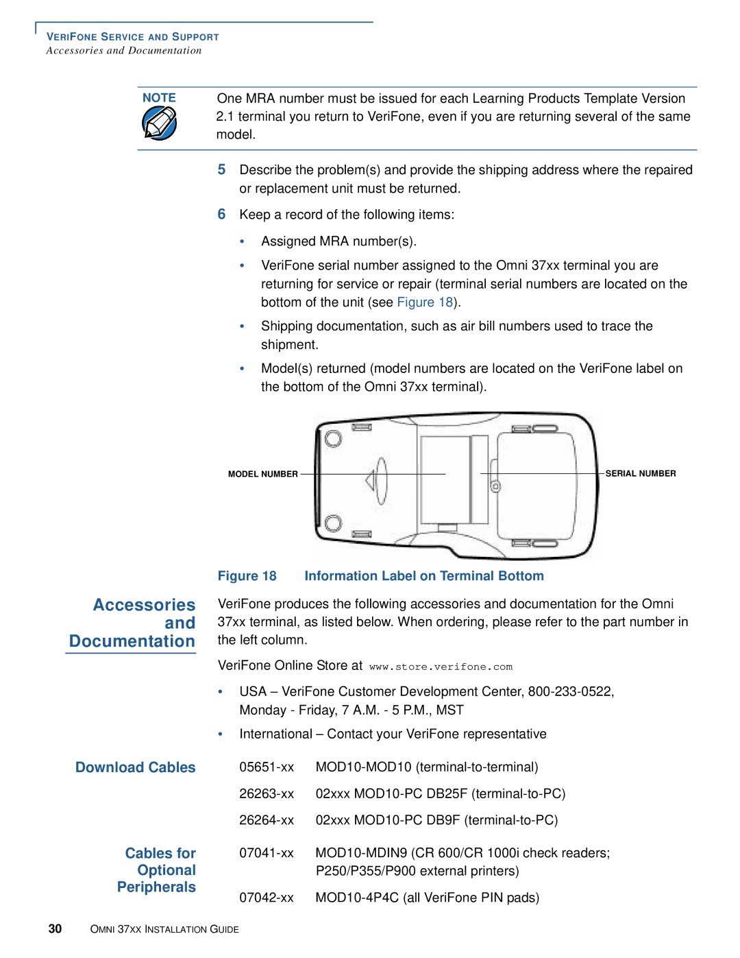 VeriFone Omni 37xx manual Accessories Documentation, Download Cables Cables for Optional Peripherals 