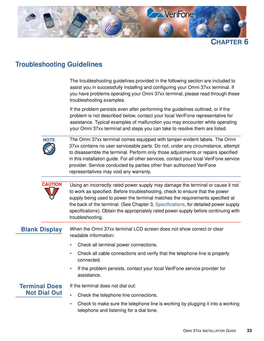 VeriFone Omni 37xx manual Troubleshooting Guidelines, Blank Display 