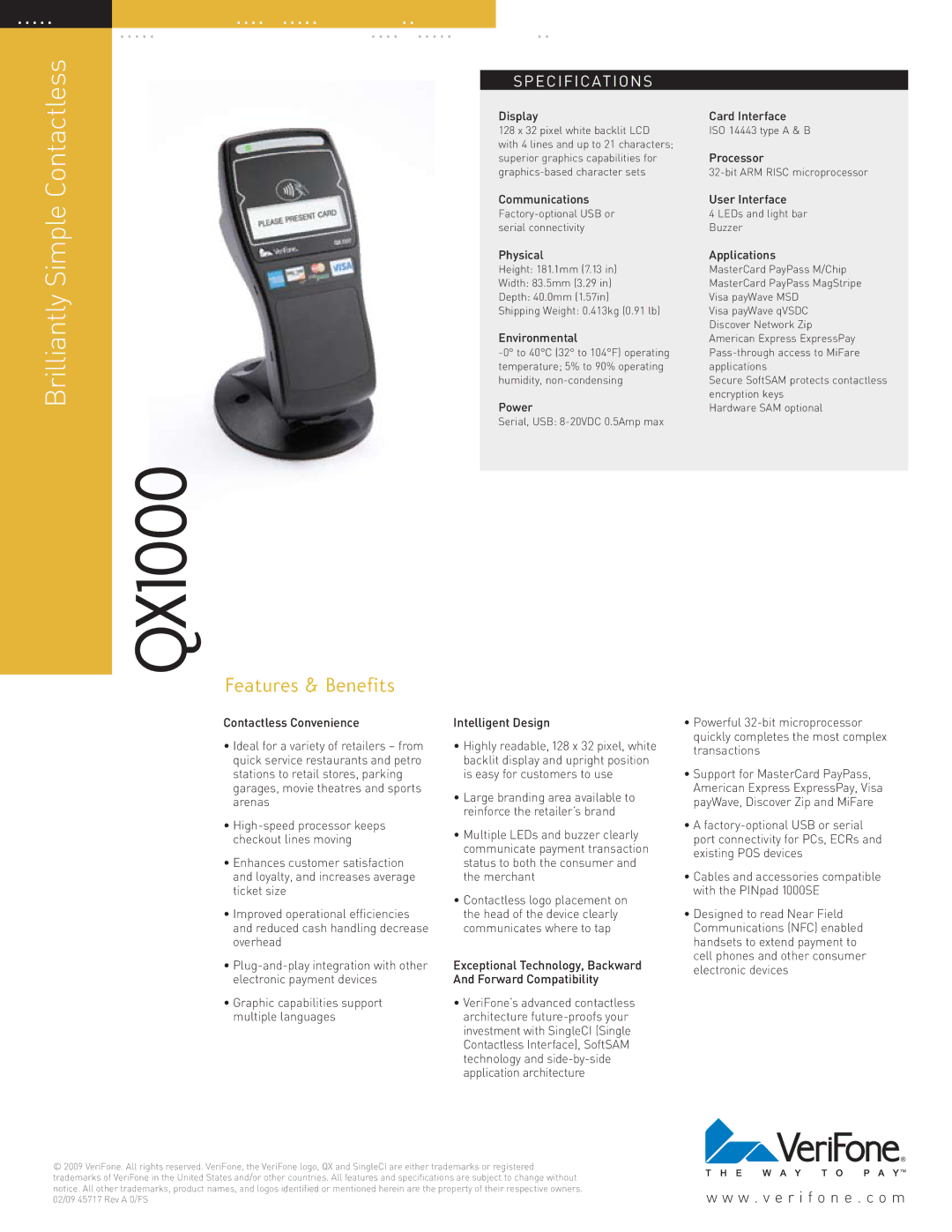 VeriFone QX1000 manual Specifications 