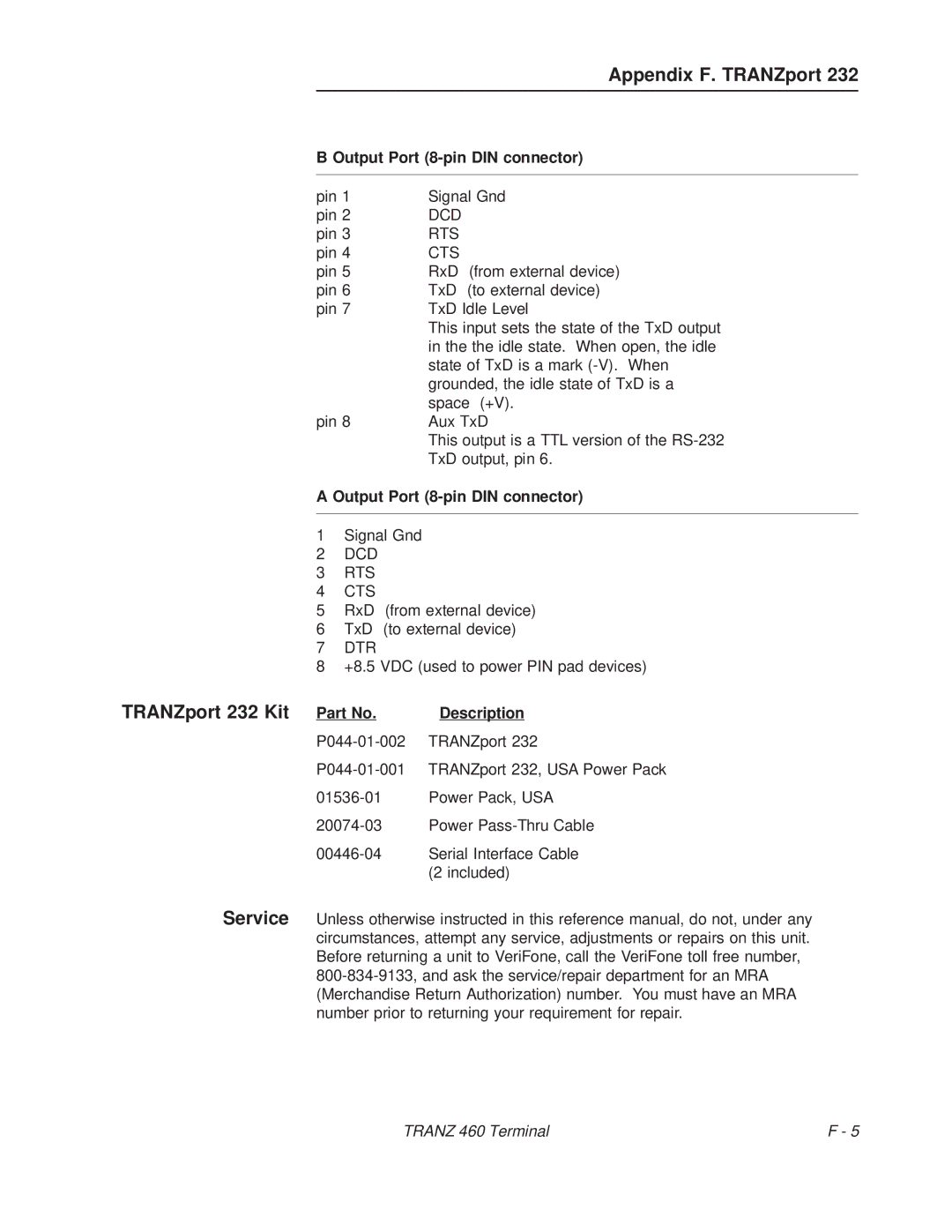 VeriFone TRANZ 460 manual TRANZport 232 Kit Part No, Output Port 8-pin DIN connector, Dcd Rts Cts 