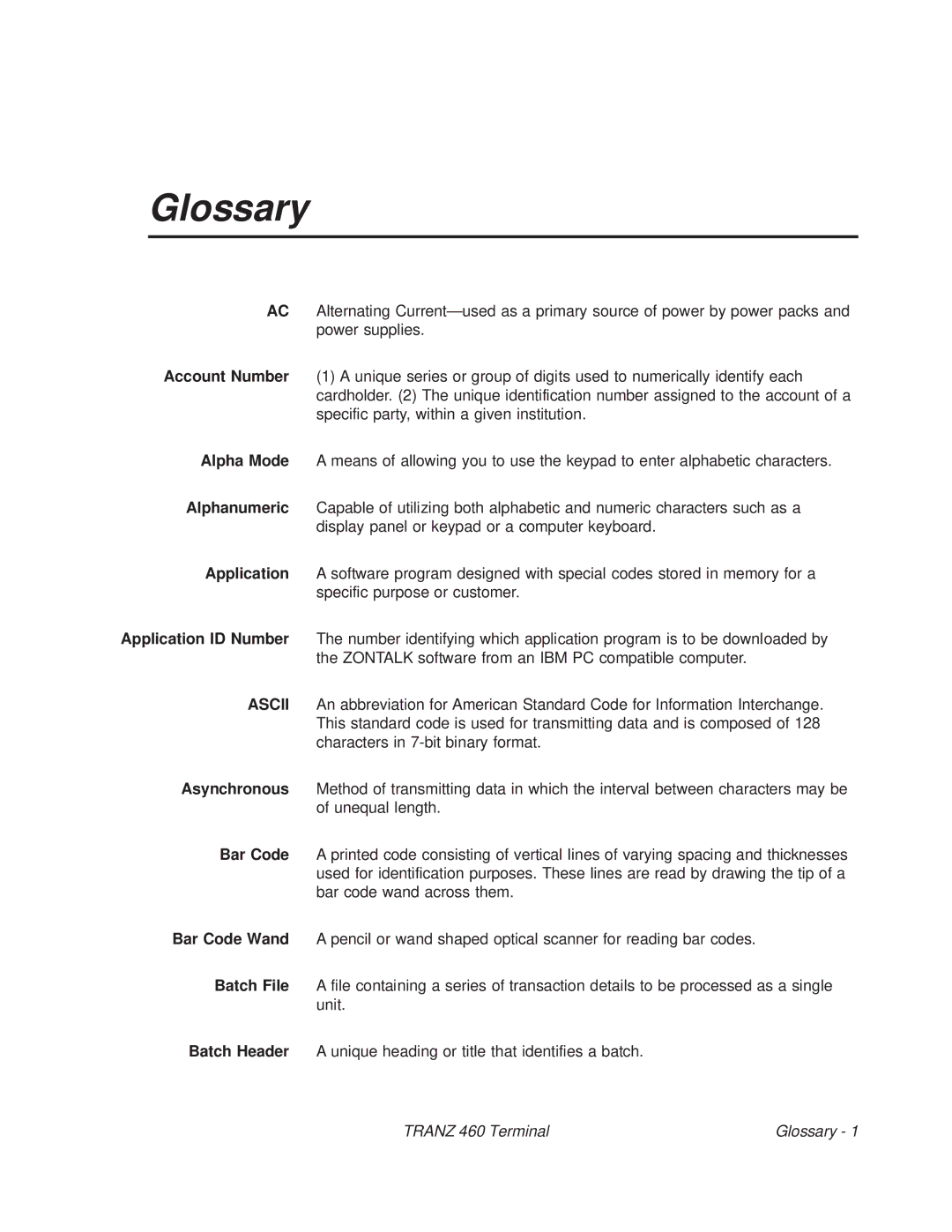 VeriFone TRANZ 460 manual Glossary 