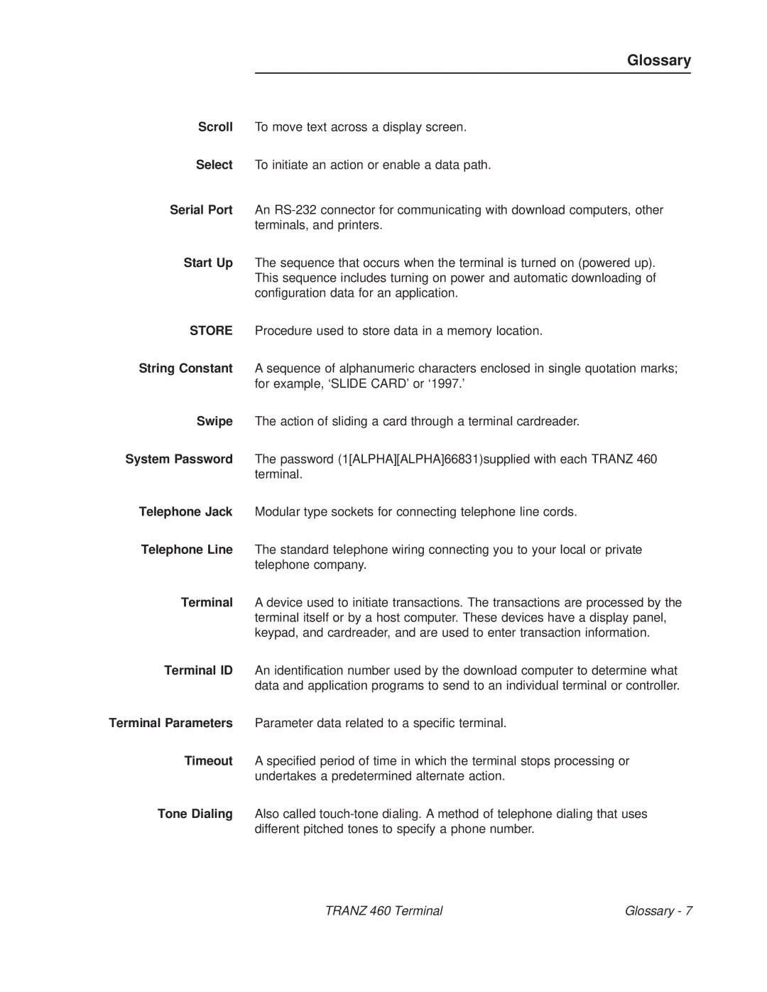 VeriFone TRANZ 460 manual Glossary 