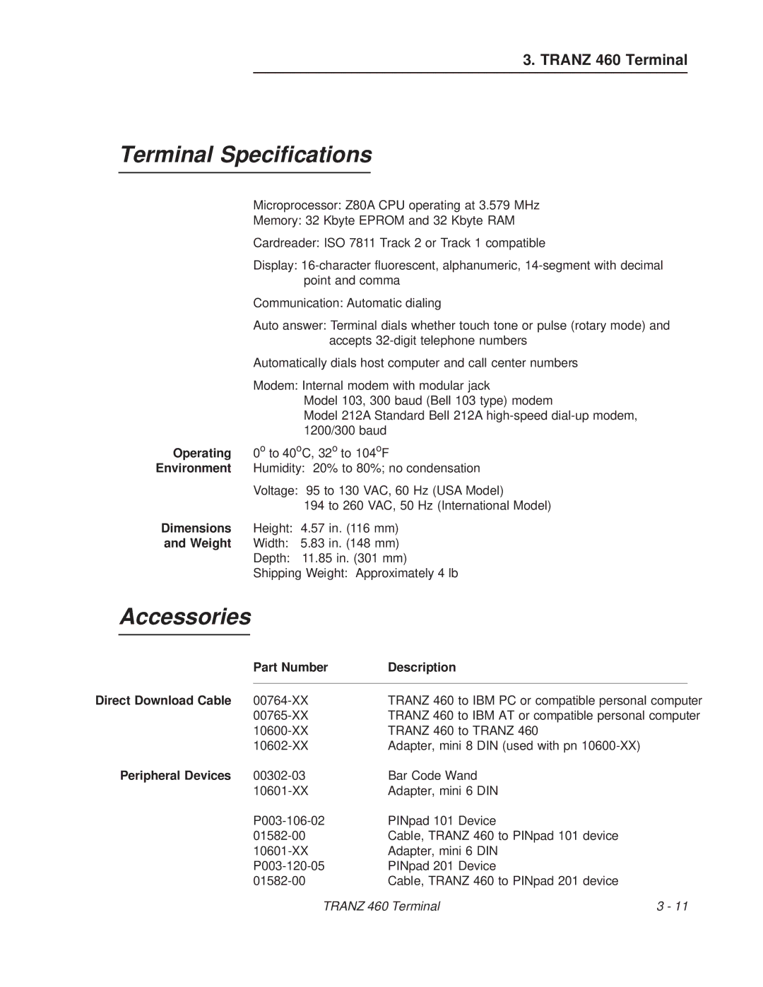 VeriFone TRANZ 460 manual Terminal Specifications, Accessories, Part Number Description, Peripheral Devices 