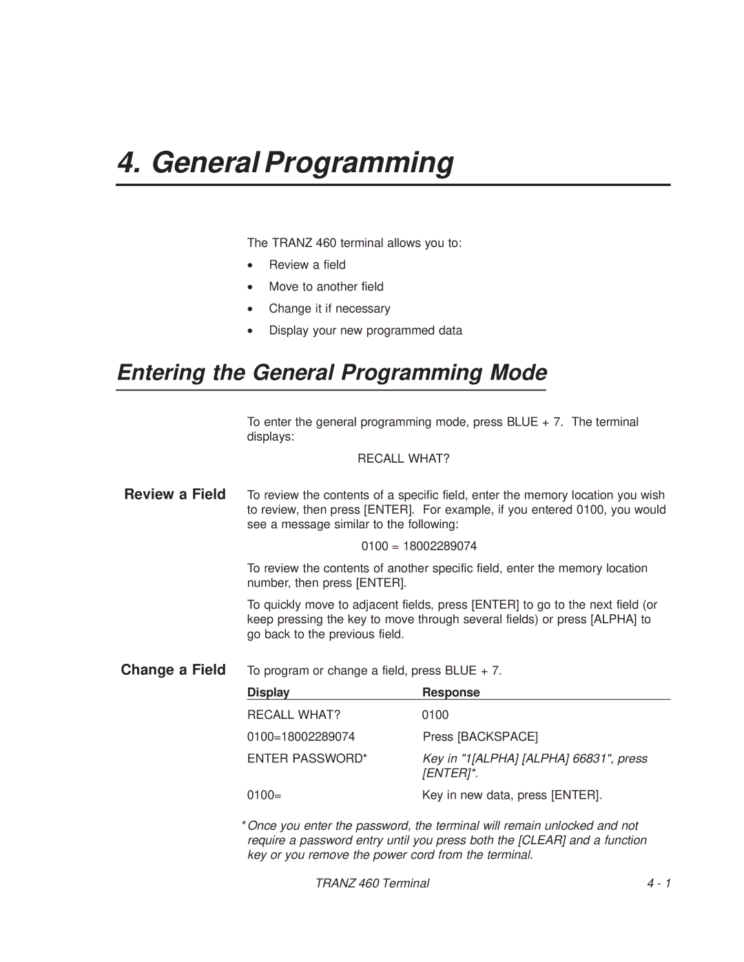 VeriFone TRANZ 460 manual Entering the General Programming Mode, Recall WHAT?, Display Response, Enter Password 