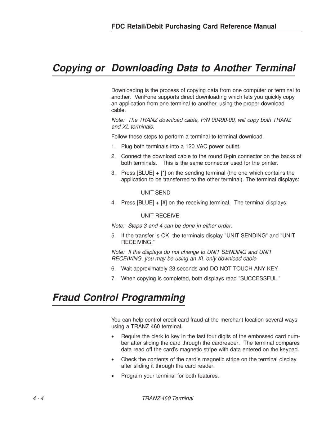 VeriFone TRANZ 460 Copying or Downloading Data to Another Terminal, Fraud Control Programming, Unit Send, Unit Receive 