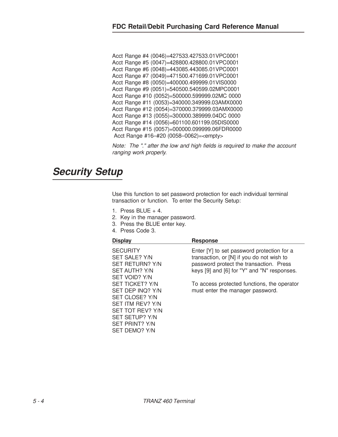 VeriFone TRANZ 460 manual Security Setup 