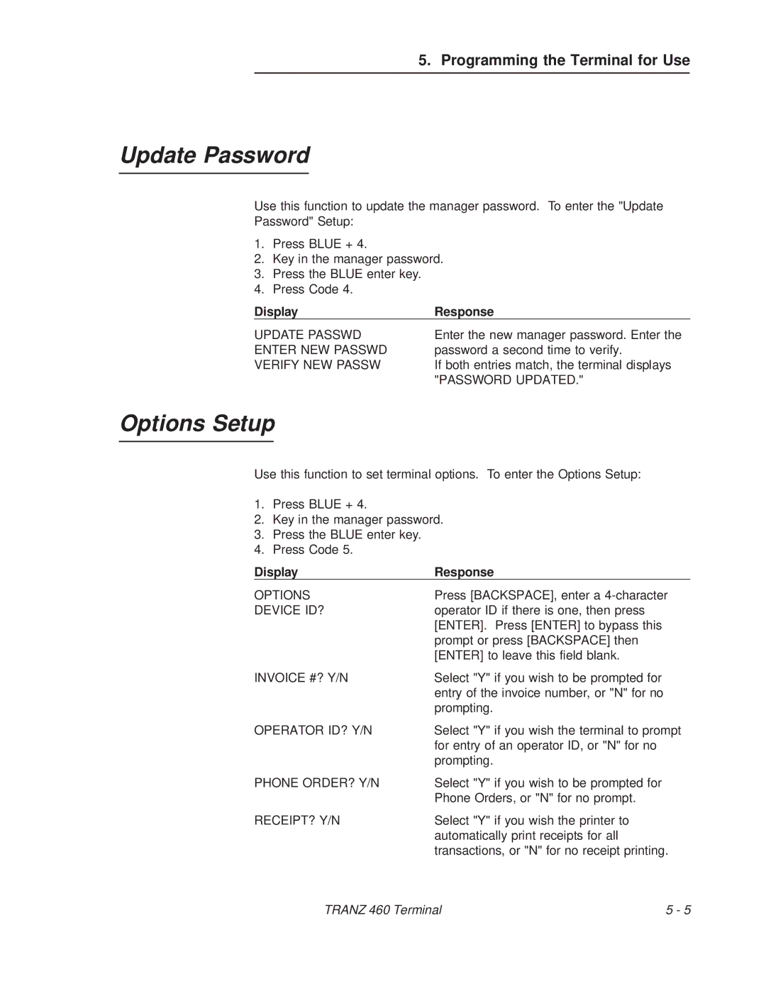 VeriFone TRANZ 460 manual Update Password, Options Setup 