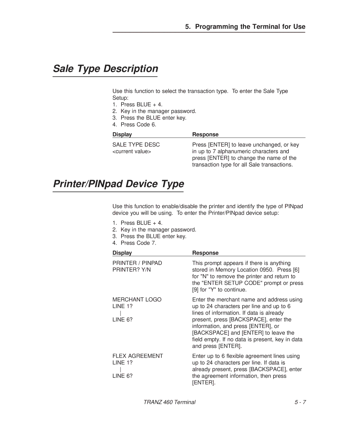 VeriFone TRANZ 460 manual Sale Type Description, Printer/PINpad Device Type 