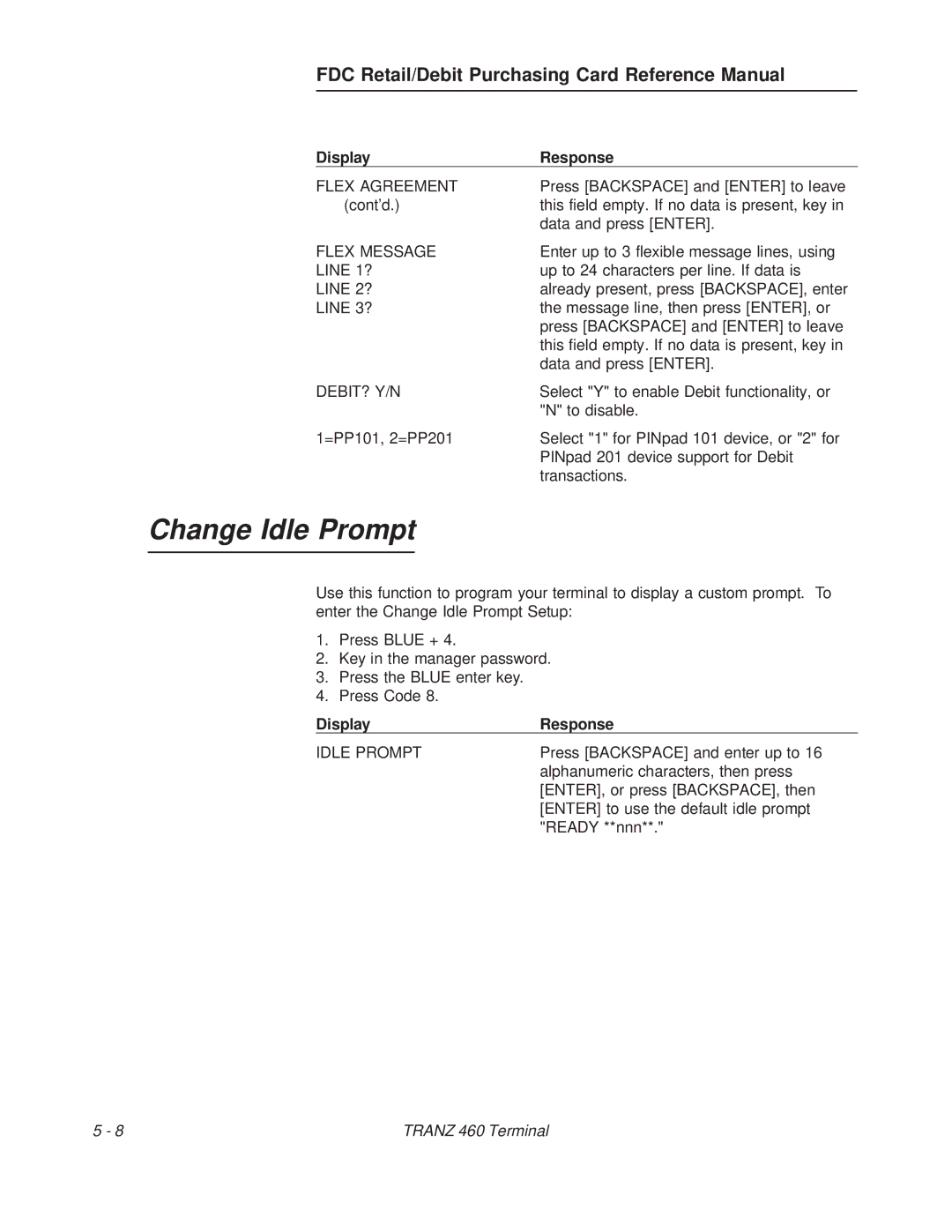 VeriFone TRANZ 460 manual Change Idle Prompt 