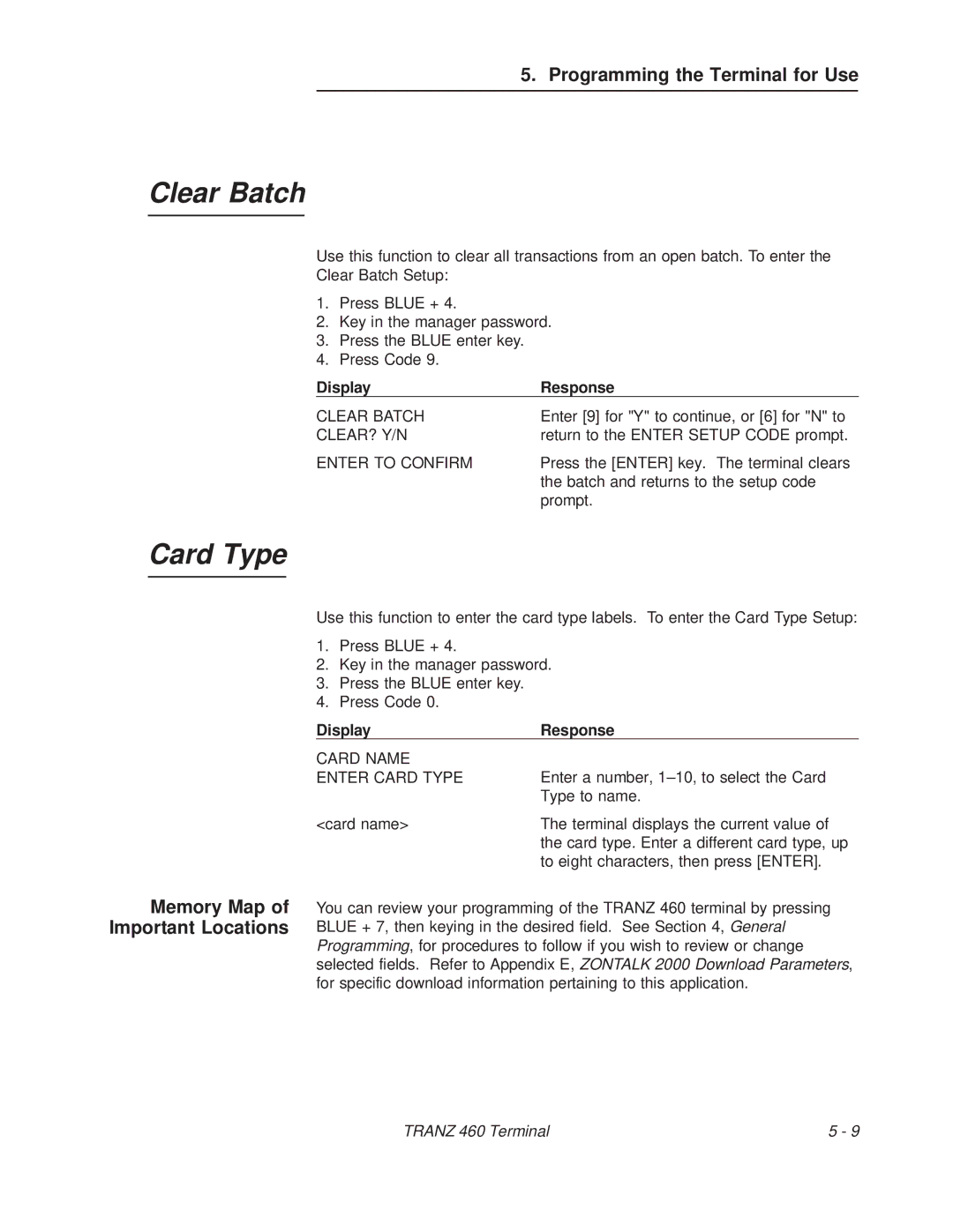 VeriFone TRANZ 460 manual Clear Batch, Card Type, Memory Map of Important Locations 