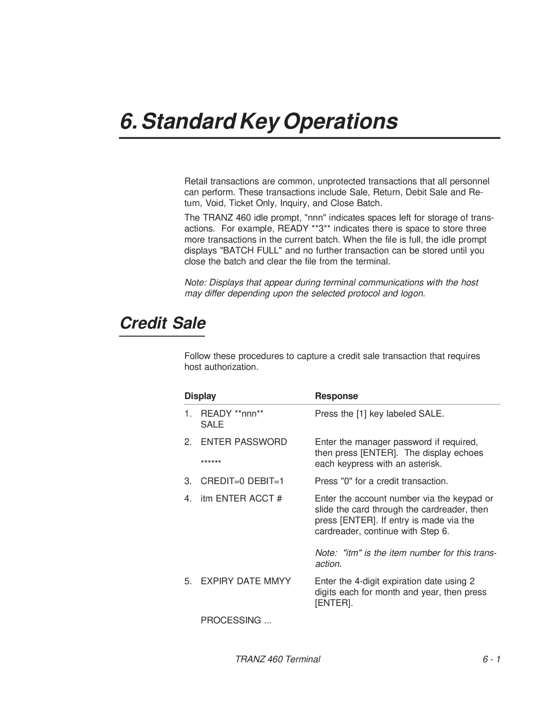 VeriFone TRANZ 460 manual Standard Key Operations, Credit Sale, Sale Enter Password, CREDIT=0 DEBIT=1 