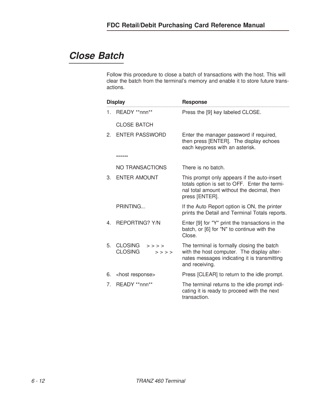 VeriFone TRANZ 460 manual Close Batch 