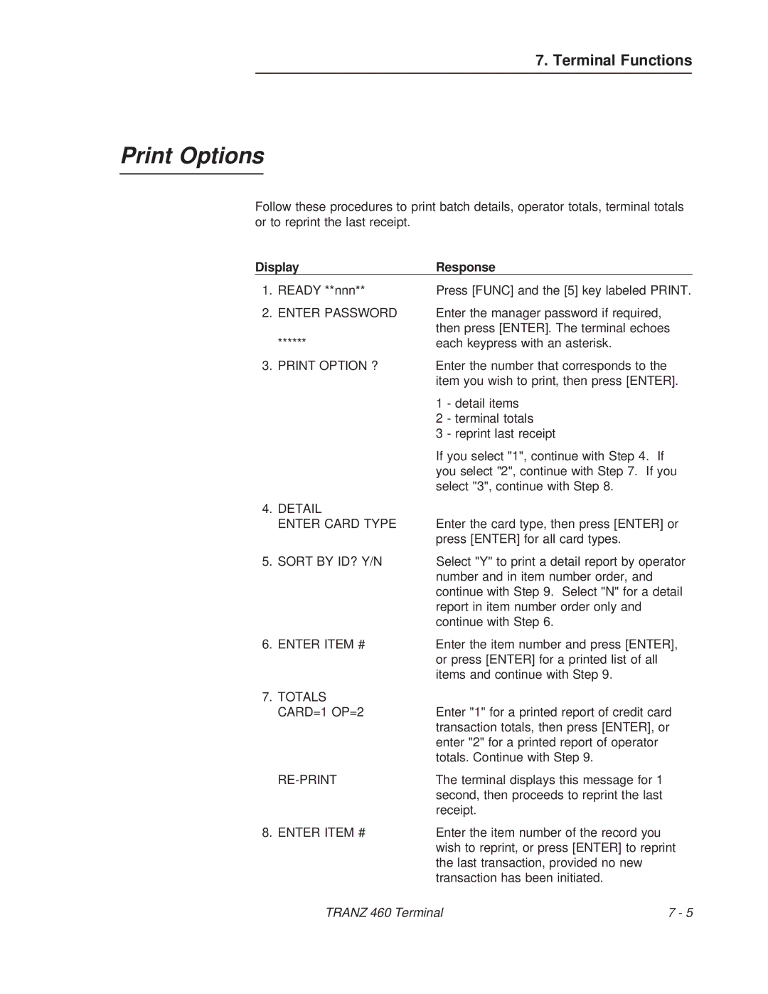 VeriFone TRANZ 460 manual Print Options, Detail Enter Card Type, Sort by ID? Y/N, Totals CARD=1 OP=2, Re-Print 