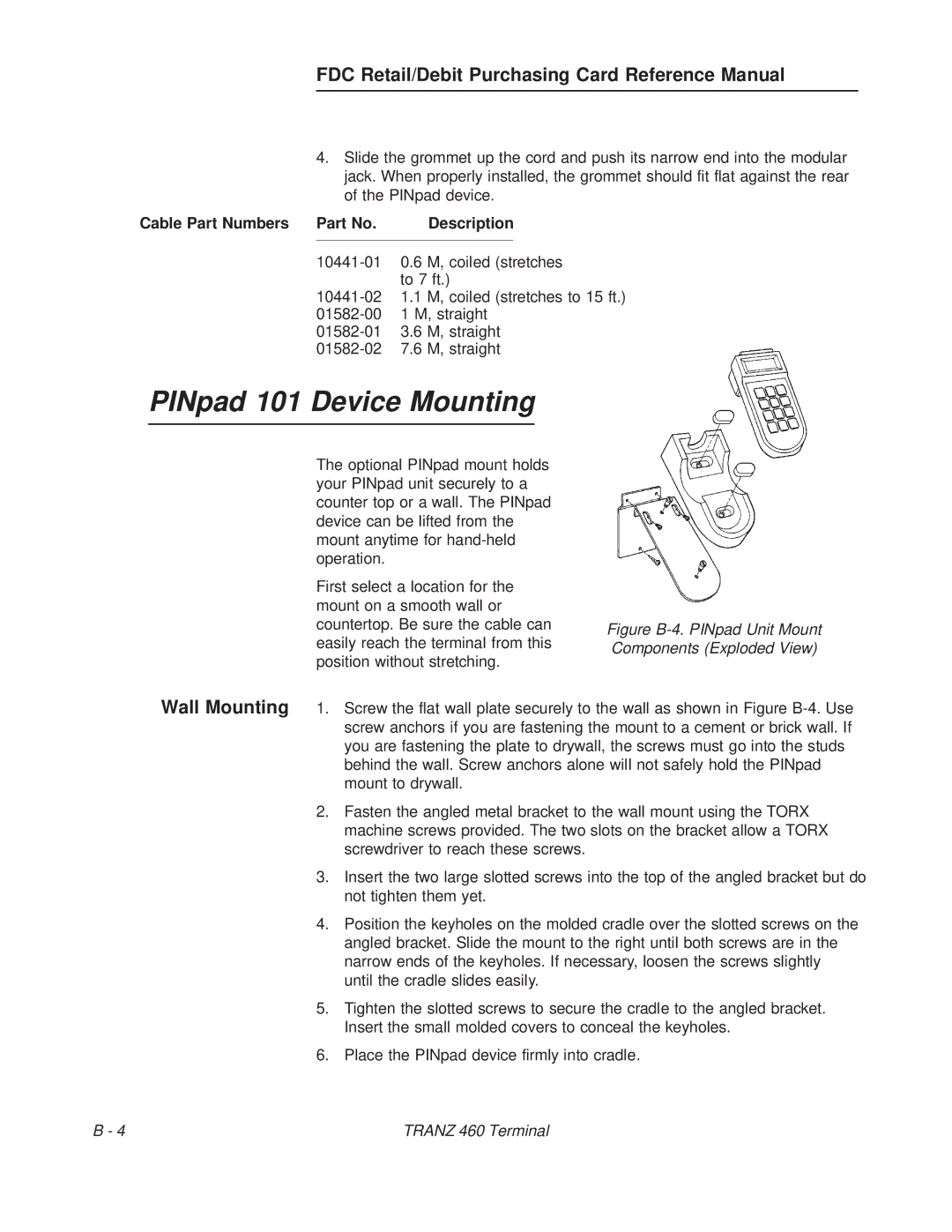 VeriFone TRANZ 460 manual PINpad 101 Device Mounting, Cable Part Numbers Description 