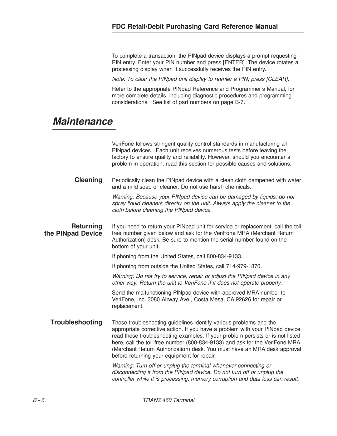 VeriFone TRANZ 460 manual Maintenance, Returning the PINpad Device Troubleshooting 