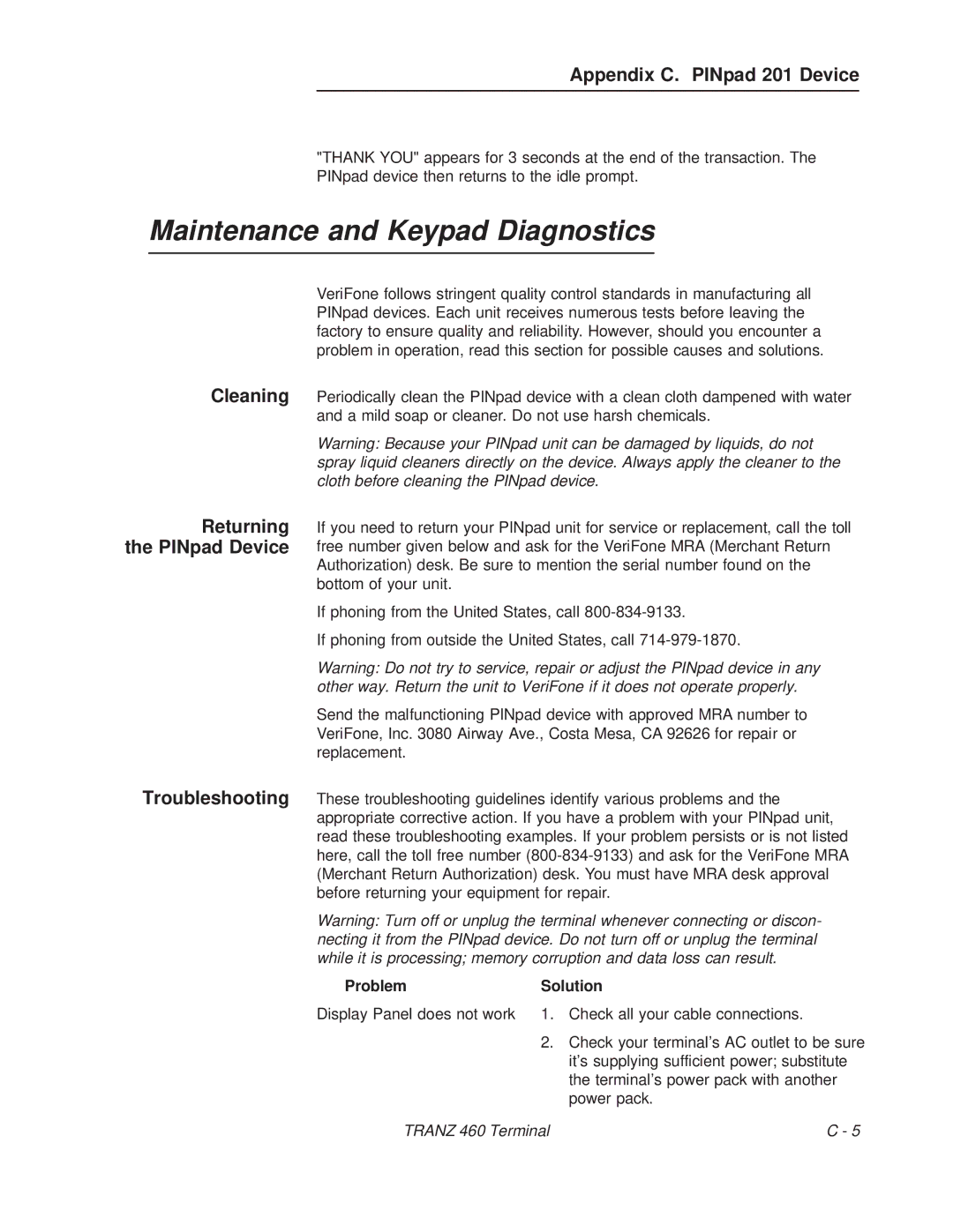VeriFone TRANZ 460 manual Maintenance and Keypad Diagnostics, ProblemSolution 